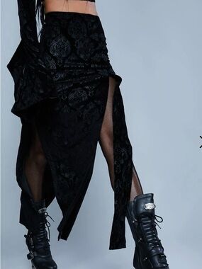 TOO FAR GONE VELVET MAXI SKIRT-Black with Side Slits, Widow, Dolls Kill